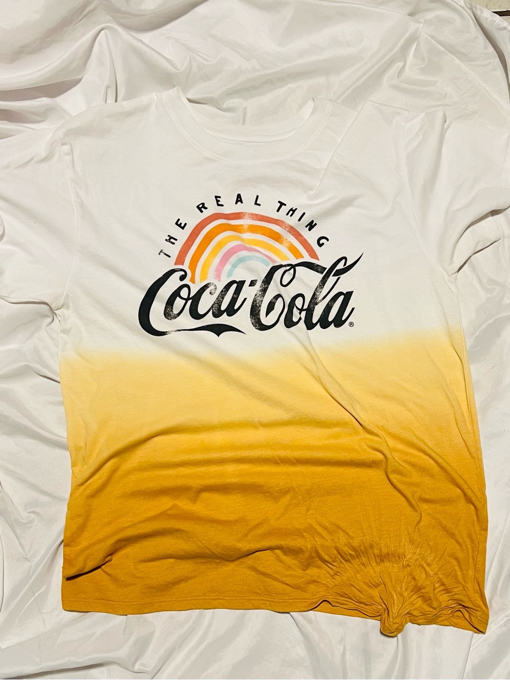Coca-Cola White and Yellow Ombre Rainbow Logo Tee